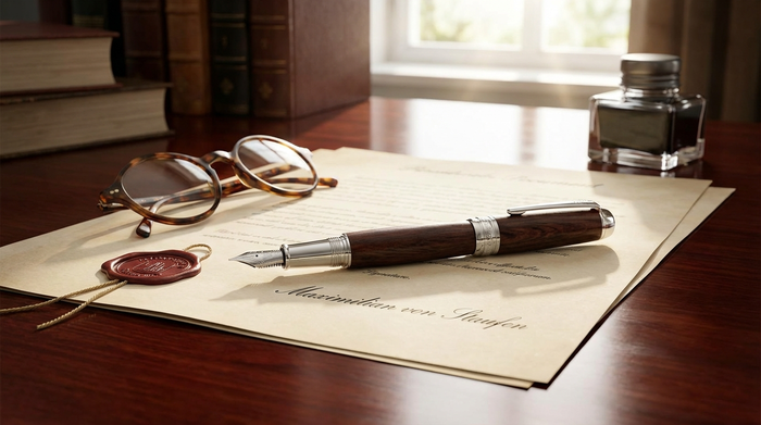 Edler Kugelschreiber liegt auf einem fertig unterschriebenen Dokument neben einer Brille auf einem Tisch
