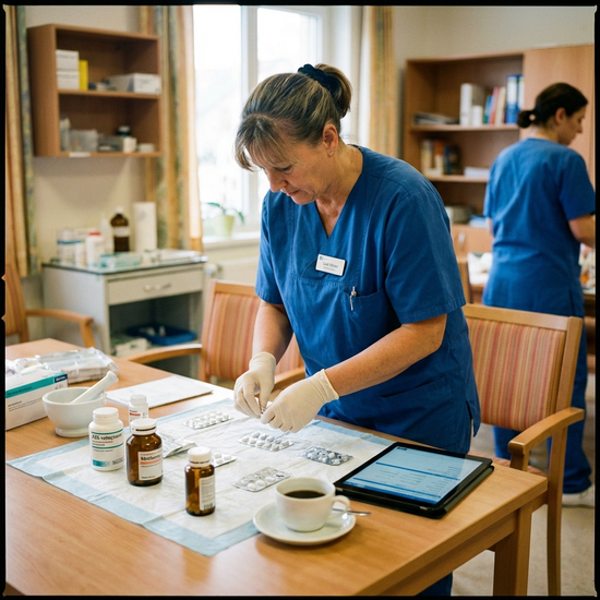 Pflegekraft bereitet Medikamente an einem Tisch vor