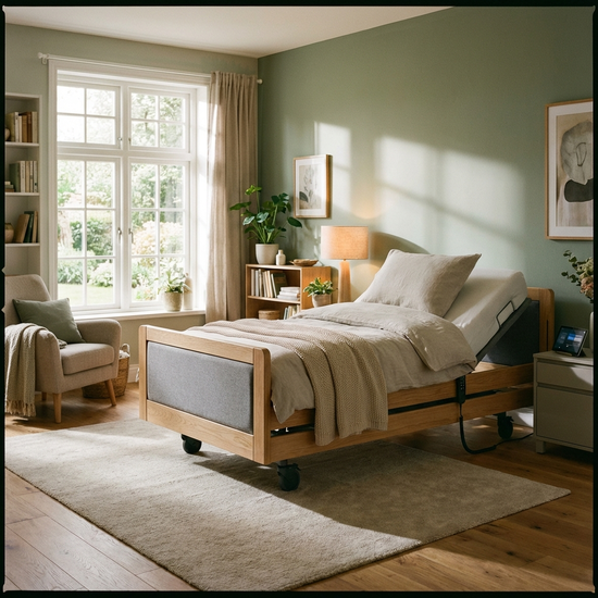 Ruhiges, gemütliches Schlafzimmer mit einem modernen, verstellbaren Pflegebett