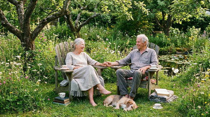 Seniorenpaar sitzt entspannt im Garten