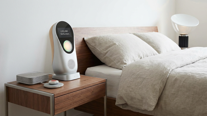 Modernes Hausnotruf-Gerät auf einem Beistelltisch neben dem Bett