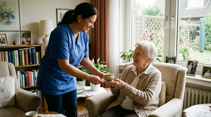 Pflegerin serviert eine Tasse Tee im Wohnzimmer und lächelt freundlich