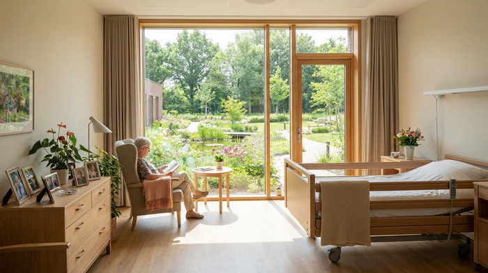 Helles, freundliches Zimmer in einer Pflegeeinrichtung mit großen Fenstern und Blick ins Grüne