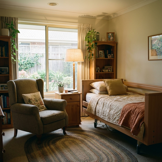 Ruhiges, gemütliches Pflegezimmer mit weichem Licht und einem bequemen Sessel neben dem Bett