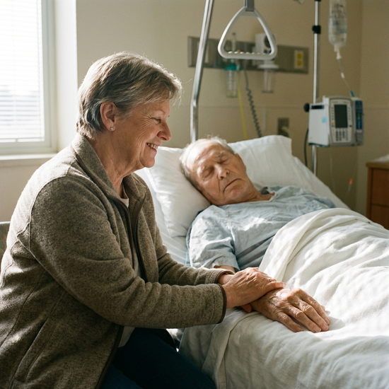 Angehörige sitzt ruhig und liebevoll am Bett eines Senioren und hält sanft seine Hand