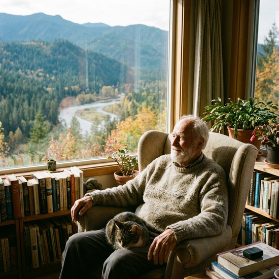 Älterer Herr blickt friedlich aus dem Fenster in die Natur