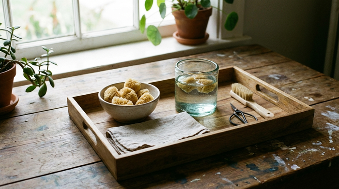 Vorbereitung von kleinen Schwämmchen und einem Wasserglas auf einem Tablett