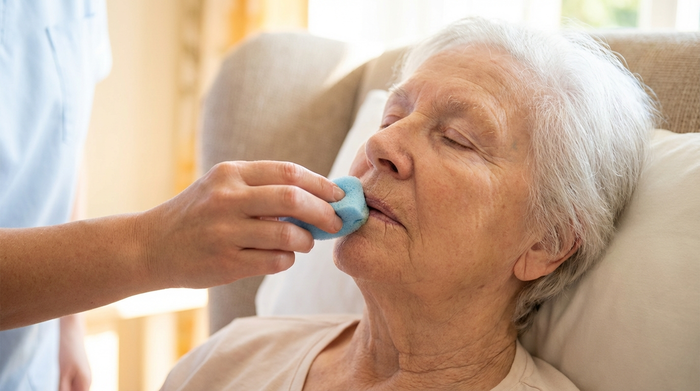 Sanftes Befeuchten der Lippen eines älteren Menschen mit einem Pflegeschwämmchen
