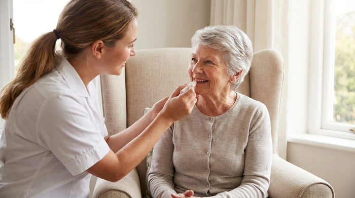 Auftragen von pflegendem Lippenbalsam bei einem Senioren