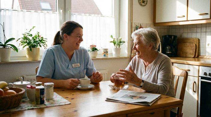 Professionelle Pflegekraft im freundlichen Gespräch mit einer Angehörigen am Küchentisch