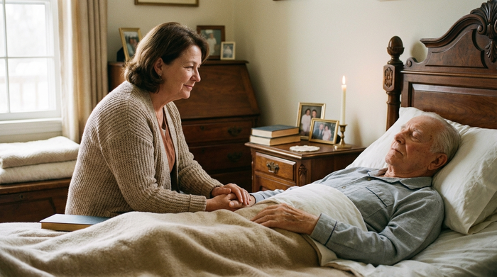 Einfühlsame Hospizbegleiterin sitzt am Bett eines älteren Herrn und hält sanft seine Hand, ruhige und friedliche Atmosphäre im Schlafzimmer