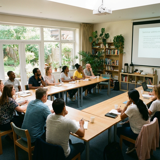Gruppe von Erwachsenen in einem hellen Seminarraum, die aufmerksam zuhören
