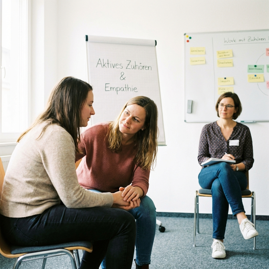 Zwei Frauen üben ein einfühlsames Gespräch in einer Schulungssituation