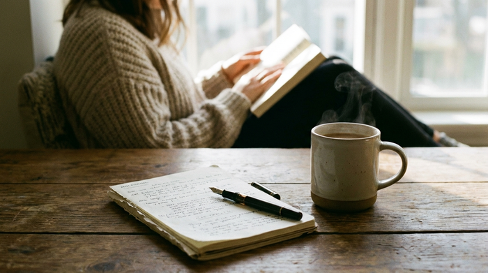 Notizbuch mit Stift neben einer Kaffeetasse auf einem Holztisch, im Hintergrund unscharf eine Person, die liest
