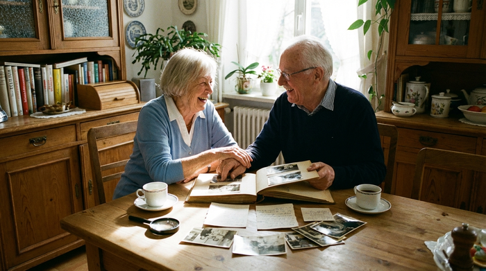 Zwei Personen betrachten gemeinsam ein altes Fotoalbum am Küchentisch
