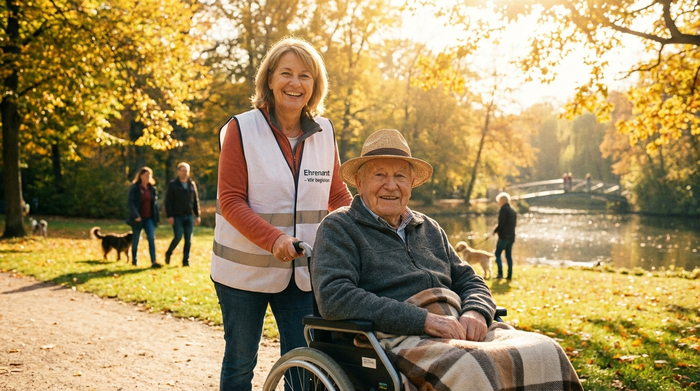 Ehrenamtliche Begleiterin schiebt einen älteren Herrn im Rollstuhl durch einen sonnigen Park