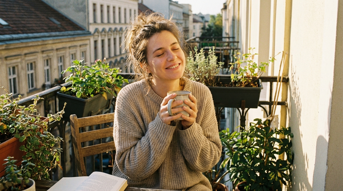Erschöpfte aber lächelnde Tochter trinkt in Ruhe einen Kaffee auf dem Balkon, während die Sonne scheint