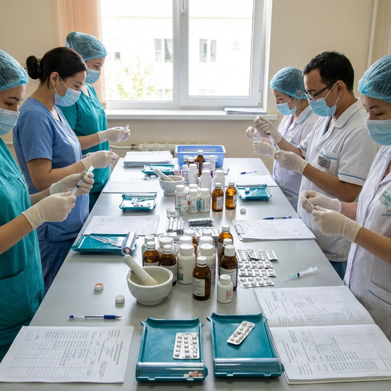 Medizinisches Personal bereitet Medikamente an einem Tisch vor