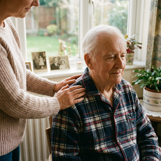 Sanfte Hände einer Pflegerin, die beruhigend auf der Schulter eines älteren Patienten ruhen