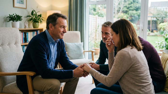 Einfühlsamer Arzt im Gespräch mit zwei erwachsenen Angehörigen in einem ruhigen Besprechungsraum