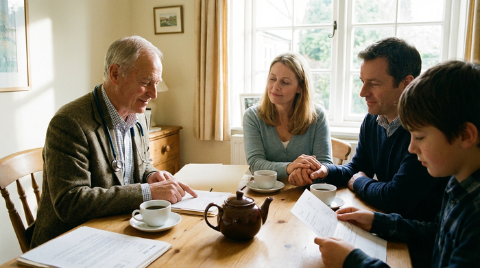 Arzt und Angehörige sitzen gemeinsam an einem Tisch und besprechen ruhigen Gewissens Dokumente