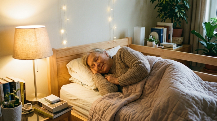 Friedlich schlafende ältere Person in einem komfortablen Pflegebett mit weichem Licht