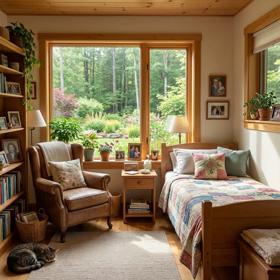 Gemütlich und wohnlich eingerichtetes Zimmer in einem stationären Hospiz mit Blick ins Grüne