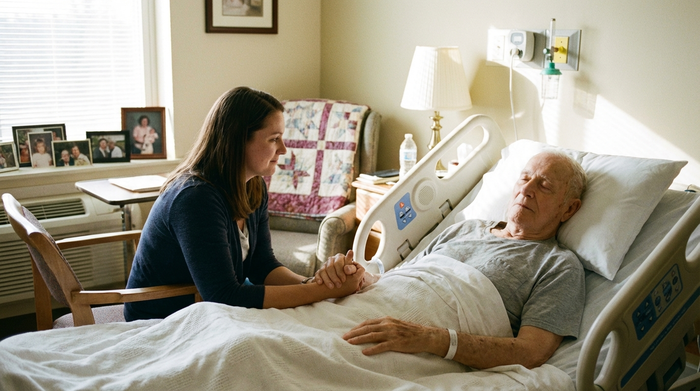 Tochter sitzt am Pflegebett und hält liebevoll die Hand ihres schlafenden Vaters