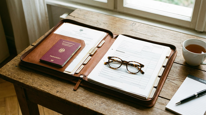 Ordentlich sortierte Mappe mit wichtigen Dokumenten und einer Lesebrille auf einem Holztisch