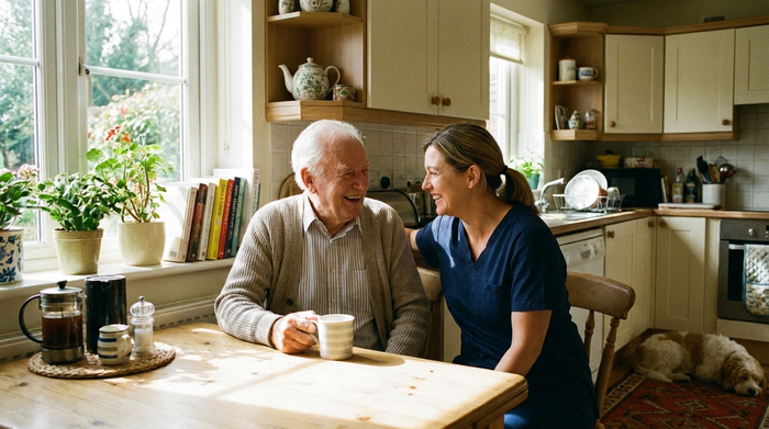 Älterer Herr und Pflegerin sitzen vertraut an einem Küchentisch in einer hellen Wohnung und unterhalten sich zugewandt.