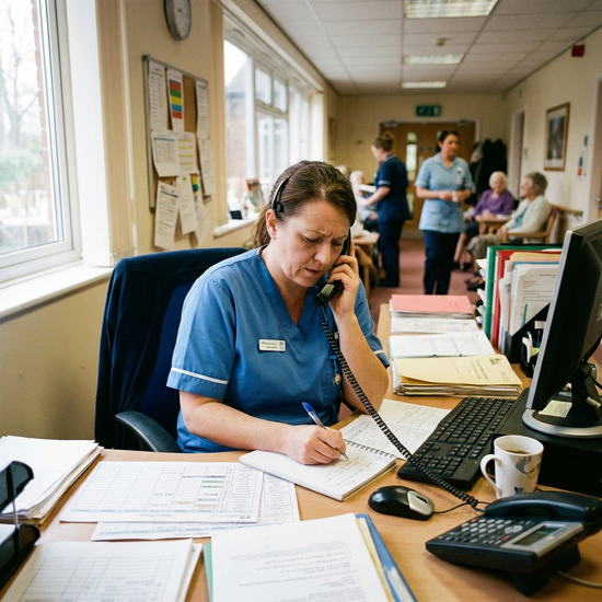 Pflegerin telefoniert konzentriert an einem Schreibtisch, um organisatorische Dinge zu klären.