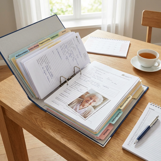 Übersichtlicher Ordner mit wichtigen Dokumenten und Unterlagen zur Pflegeorganisation auf einem Tisch.