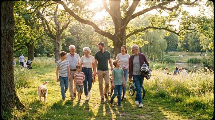 Eine generationenübergreifende Familie spaziert gemeinsam entspannt durch einen grünen, sonnigen Park.