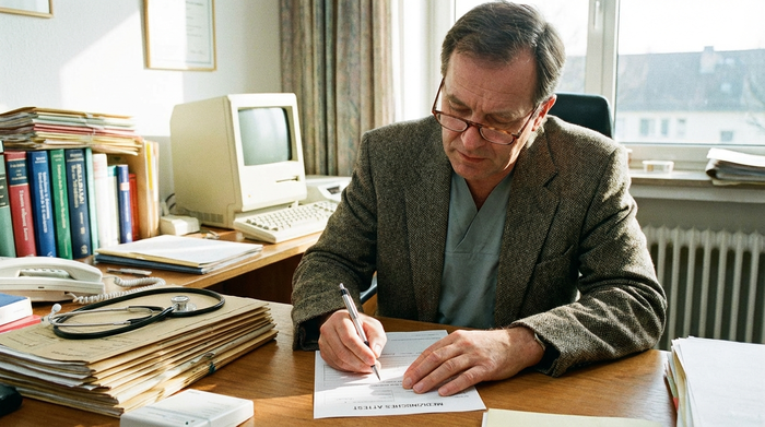 Ein Arzt füllt konzentriert ein medizinisches Attest an seinem Schreibtisch aus.