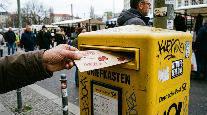 Eine Hand wirft einen wichtigen Briefumschlag in einen gelben Postbriefkasten.