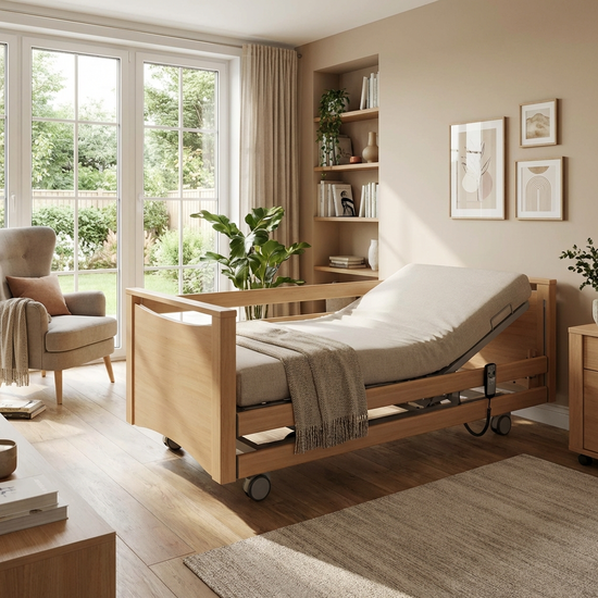 Modernes elektrisches Pflegebett in einem hellen, gemütlich eingerichteten Zimmer.