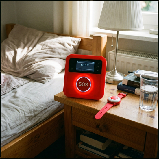Gut sichtbares Hausnotruf-Gerät auf einem Nachttisch neben einem Bett.