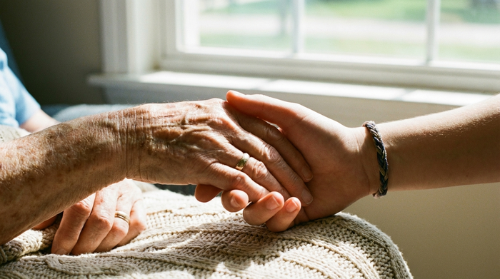 Zwei Hände unterschiedlicher Generationen, die sich liebevoll und tröstend halten.
