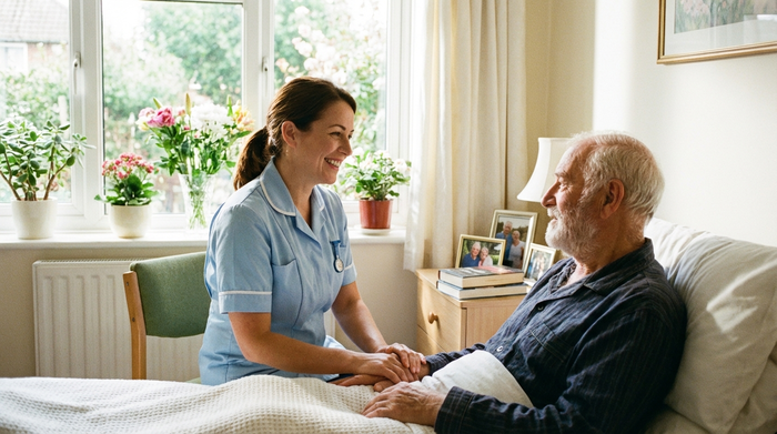Freundliche Pflegekraft sitzt am Bett eines älteren Patienten und hält beruhigend seine Hand in einem hellen Zimmer