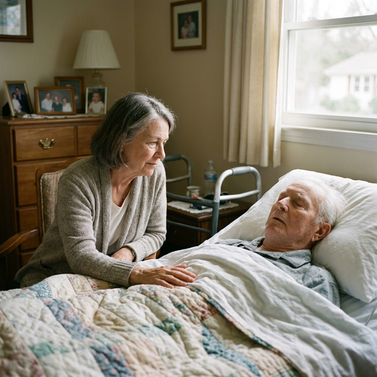 Angehörige beobachtet aufmerksam einen schlafenden Senior im Bett