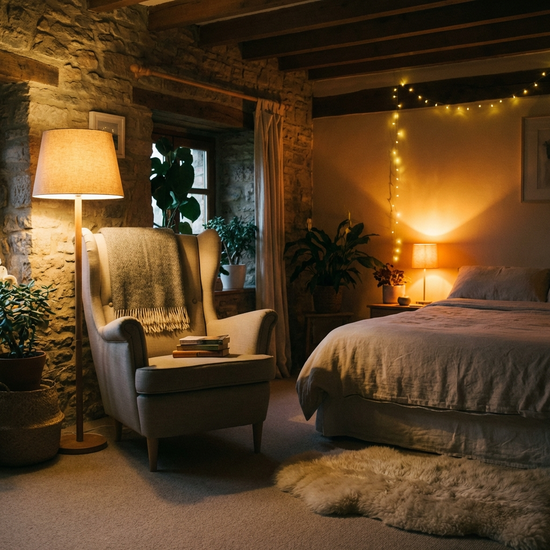 Ruhiges Schlafzimmer mit gedimmtem Licht und bequemen Sessel