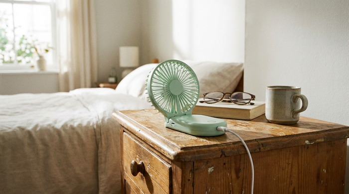 Kleiner Handventilator auf einem Nachttisch aus Holz