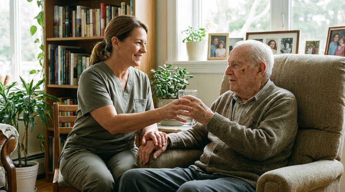 Pflegekraft reicht einem Senior ein Glas Wasser