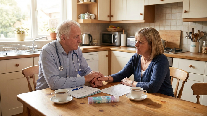 Palliativmediziner bespricht sich ruhig mit einer pflegenden Angehörigen am Küchentisch