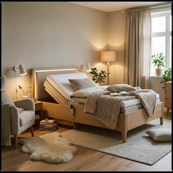 Modernes, elektrisch verstellbares Pflegebett in einem gemütlichen Schlafzimmer