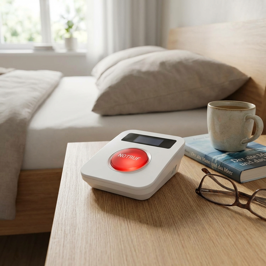 Hausnotruf-Gerät mit rotem Knopf auf einem Nachttisch