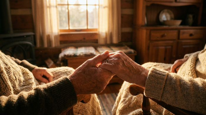 Zwei Hände, die sich tröstend halten, sanftes und warmes Licht