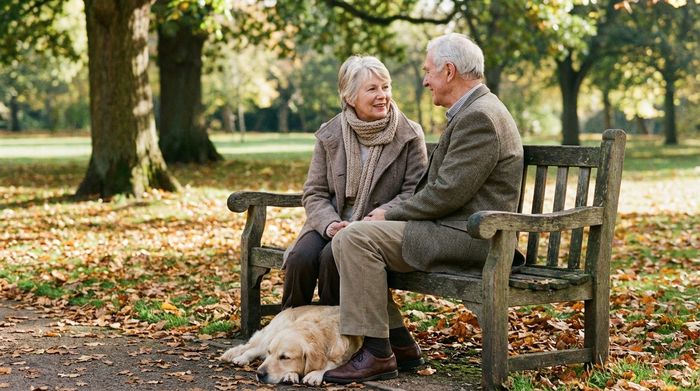 Zwei Menschen sitzen auf einer Parkbank und unterhalten sich zugewandt in ruhiger Atmosphäre