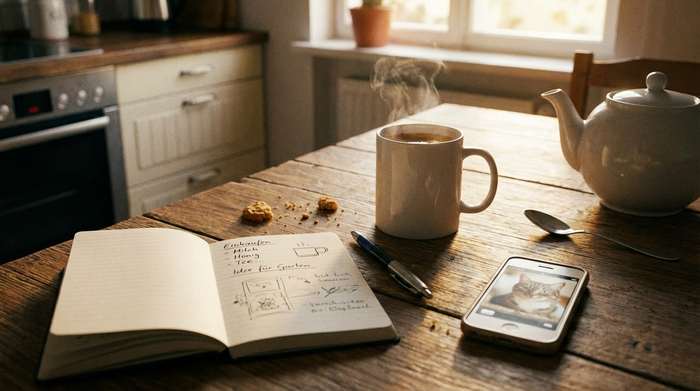 Eine Tasse Tee auf einem Küchentisch neben einem Notizblock und einem Telefon