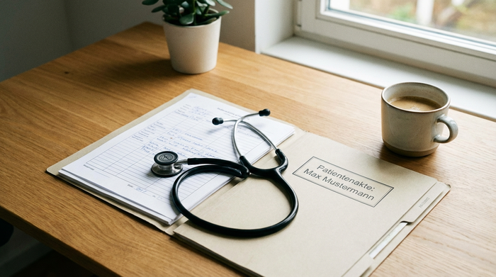 Ein Stethoskop und medizinische Dokumente auf einem sauberen Schreibtisch
